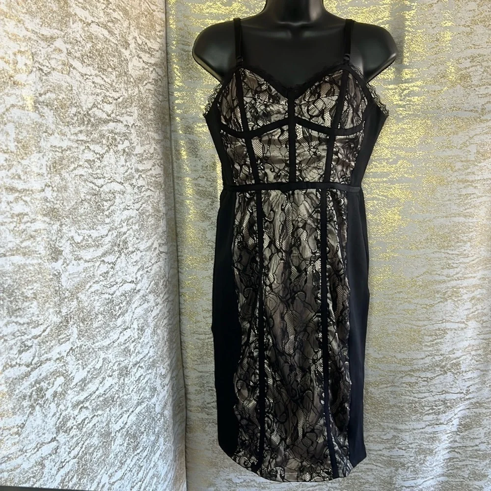 Bebe Bodycon Bustier Little Black/Cream Lace Mini Length Cocktail Dress Size M - Picture 3 of 15